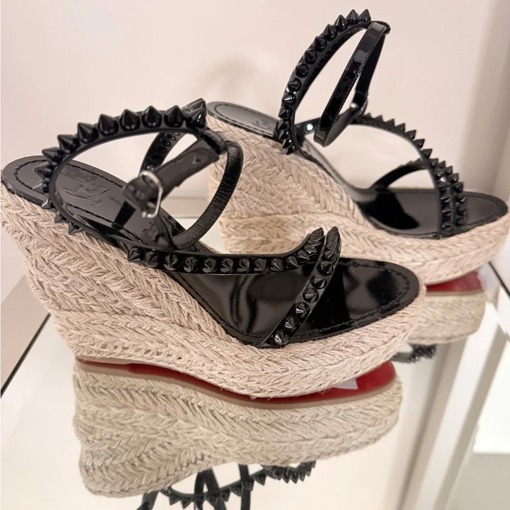 Christian Louboutin Mafaldina Wedge Espadrille Sandals Black/Tan Size 38 New - Picture 8 of 11